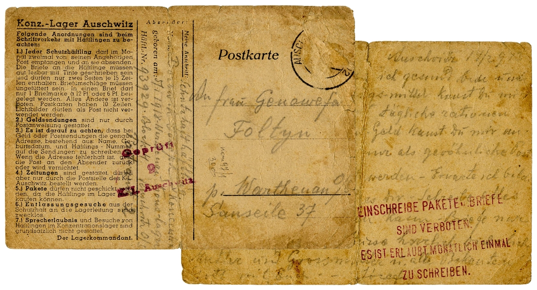 WWII Letter From a Prisoner at the Auschwitz Concentration Camp -- on Auschwitz Postcard With Camp Rules